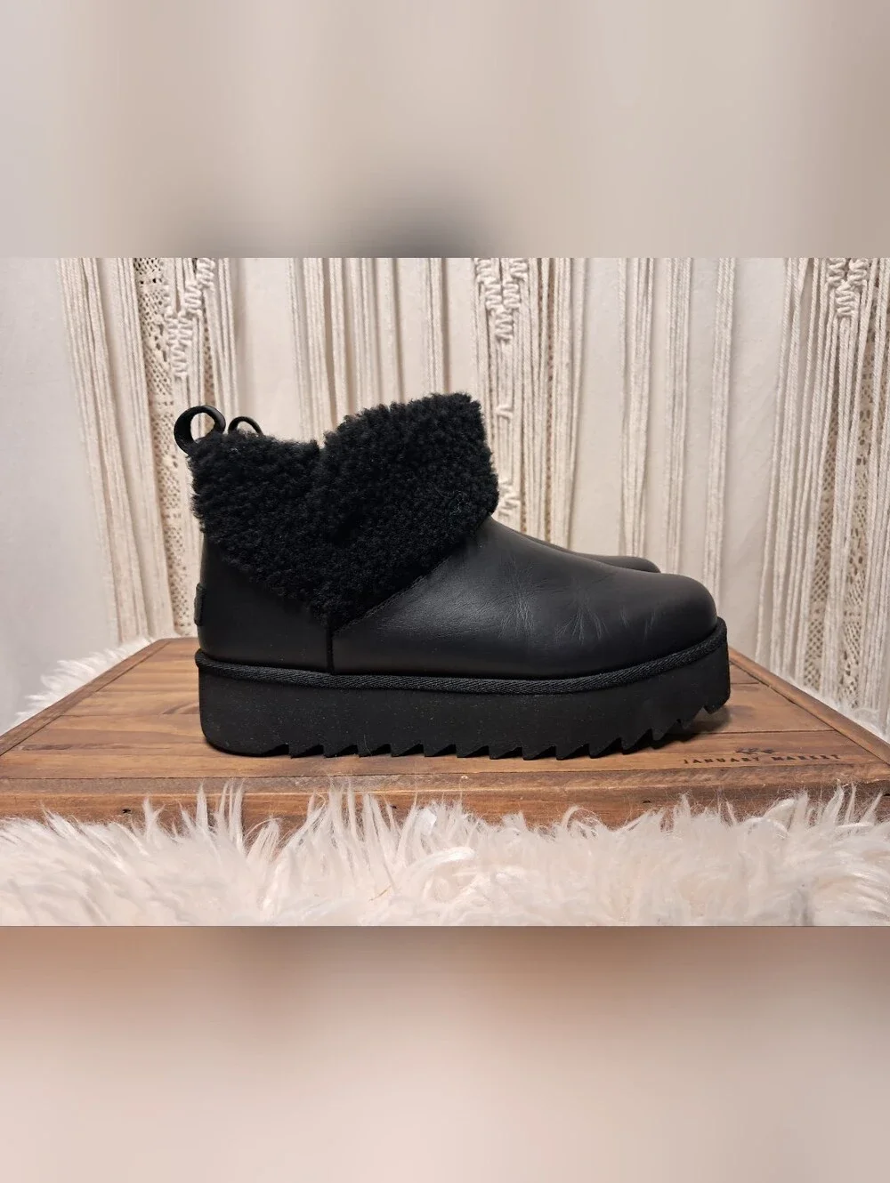 UGG Ultra Mini Alina Curled Black Leather Genuine Shearling Platform Boots